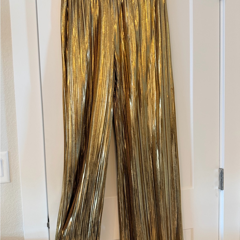 Metallic Gold Pleated Wide-Leg Pants